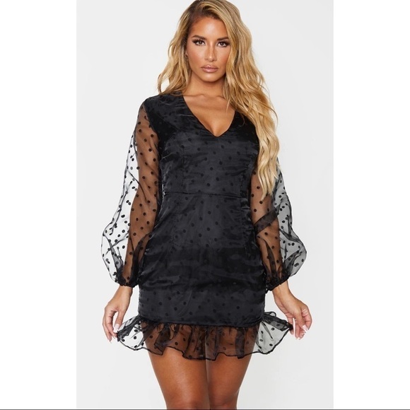 F033 PrettyLittleThing Black Polka Dot Organza Frill Hem Bodycon Dress - Picture 9 of 9
